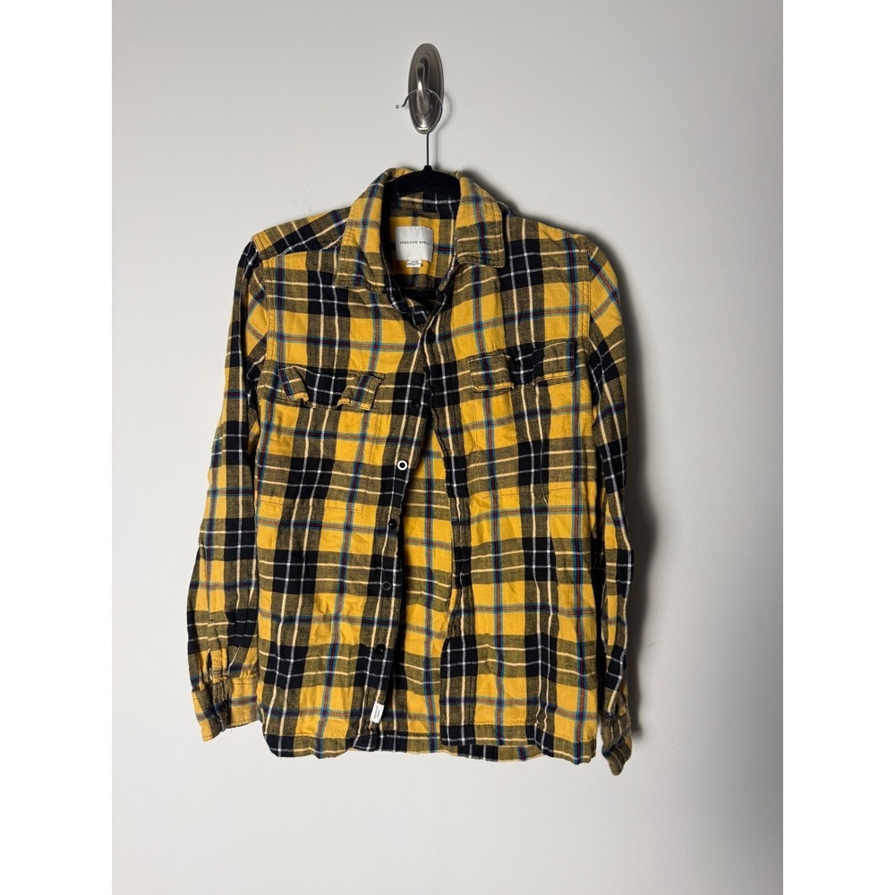 American Eagle Womens S‎ Yellow Grey Buffalo Check Flannel Button Down Shirt